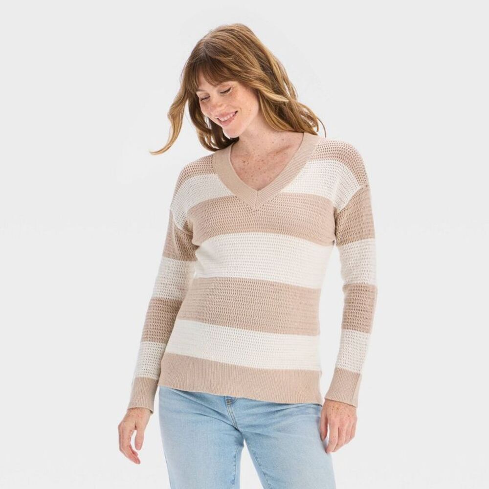 Openwork V-Neck Maternity Pullover Sweater - Tan Striped M